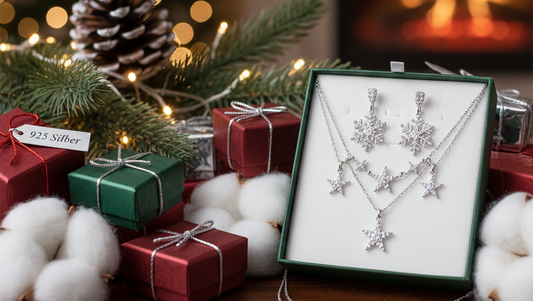 Festliche Szene mit eleganter 925 Silber Kette und Ohrringen, perfekt als Weihnachtsgeschenke inszeniert. Ideal für die Weihnachts Silber Schmuck Kollektion von Vladura Glam.