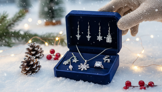 Eine stilvolle Frau in einem eleganten Winteroutfit, die ihre 925 Silber Ohrringe und eine geschichtete Silberkette passend für Weihnachten und Neujahr stylt. Perfektes Winter Styling mit Vladura Glam.